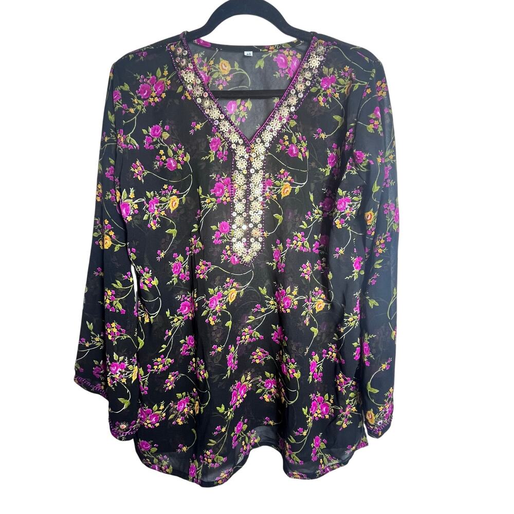 Black Floral Sheer Blouse Gorgeous Metallic Flower‎ Embellishments Large  (K464)